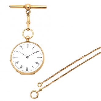 Swiss 18K gold pocket watch with key and long chain Circa 1875
