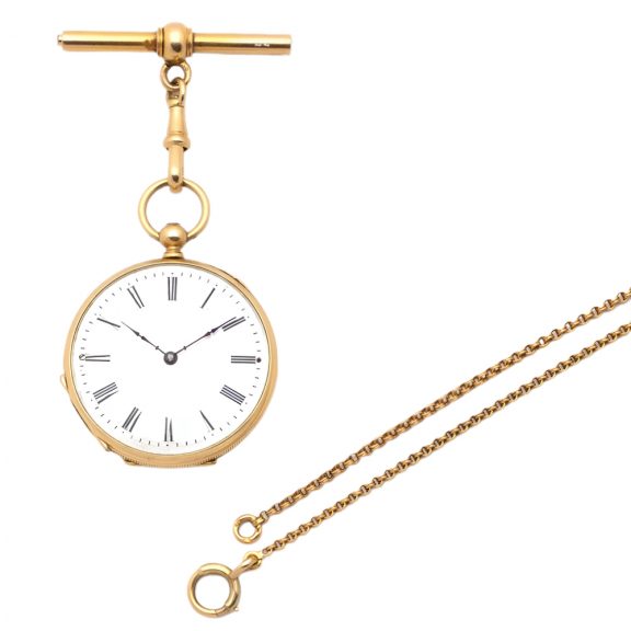 Swiss 18K gold pocket watch with key and long chain Circa 1875 Swiss 18K gold pocket watch with key and long chain Circa 1875