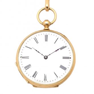 Swiss 18K gold pocket watch with key and long chain Circa 1875