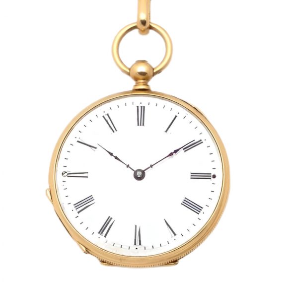 Swiss 18K gold pocket watch with key and long chain Circa 1875 Swiss 18K gold pocket watch with key and long chain Circa 1875