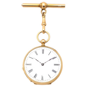 Swiss 18K gold pocket watch with key and long chain Circa 1875