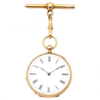 Swiss 18K gold pocket watch with key and long chain Circa 1875