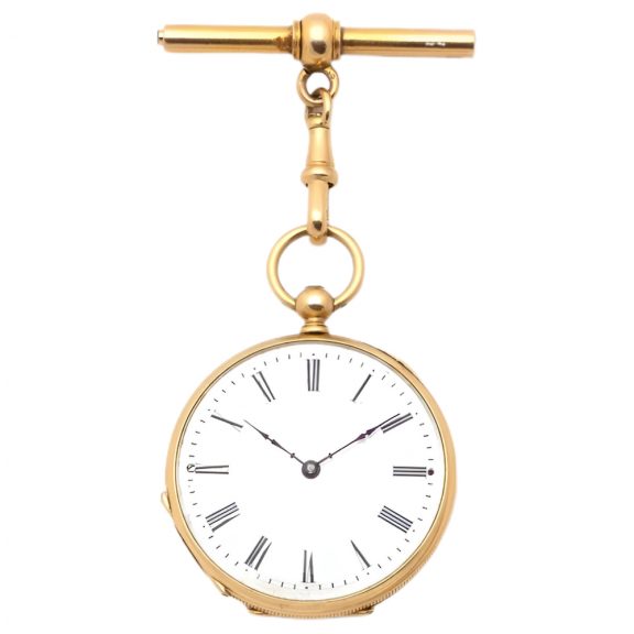 Swiss 18K gold pocket watch with key and long chain Circa 1875