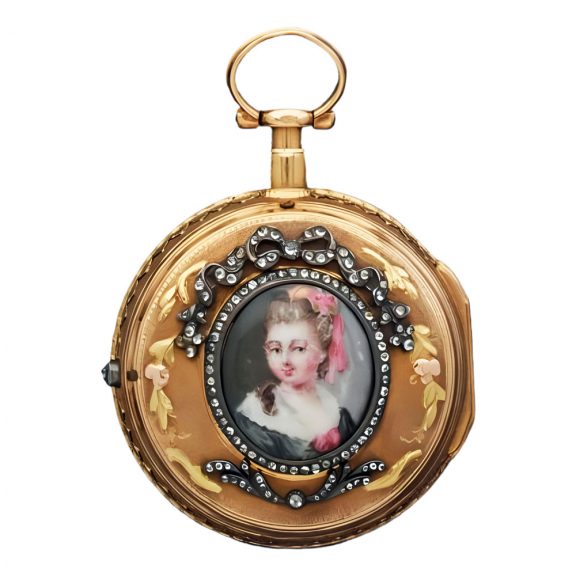 French 18 carat gold watch with enamel painting Circa 1790 French 18 carat gold watch with enamel painting Circa 1790