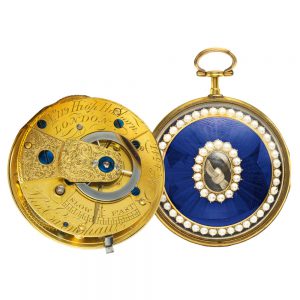 English gold, gilt metal, enamel and pearl watch  Circa 1800