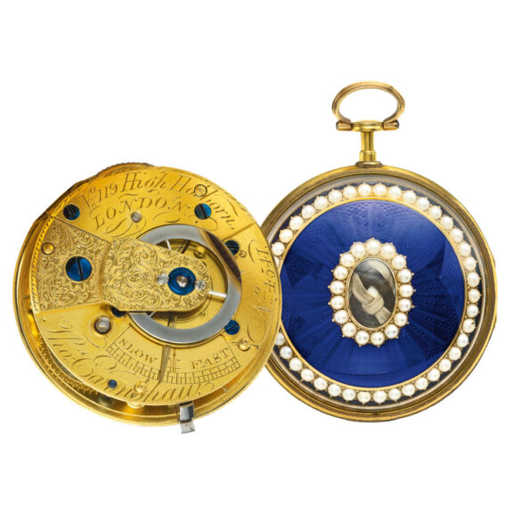 English gold, gilt metal, enamel and pearl watch  Circa 1800