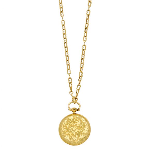 Fine Swiss 18 carat gold pendant watch with chain Circa 1900 Fine Swiss 18 carat gold pendant watch with chain Circa 1900