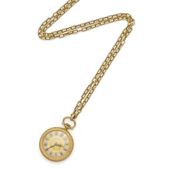 Fine Swiss 18 carat gold pendant watch with chain Circa 1900 Fine Swiss 18 carat gold pendant watch with chain Circa 1900