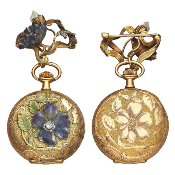 Swiss hunting cased yellow gold diamond and enamel lapel watch Circa 1885 Swiss hunting cased yellow gold diamond and enamel lapel watch Circa 1885