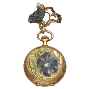 Swiss hunting cased yellow gold diamond and enamel lapel watch Circa 1885
