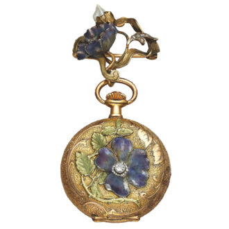 Swiss hunting cased yellow gold diamond and enamel lapel watch Circa 1885
