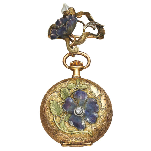 Swiss hunting cased yellow gold diamond and enamel lapel watch Circa 1885