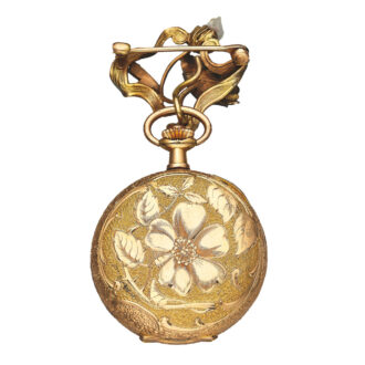 Hinged case back with engraved floral motif, gold hinged cuvette with inscription