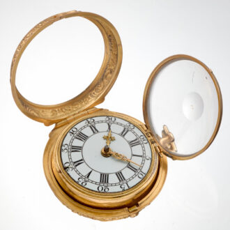 A English verge in 20 carat gold repousse pair cases Circa 1760