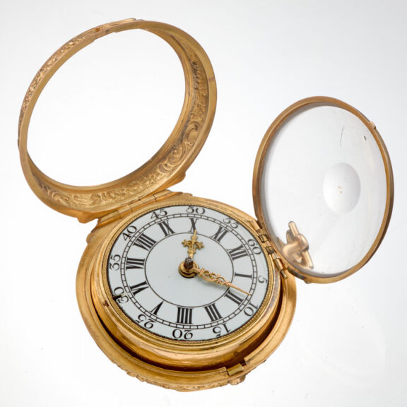 A English verge in 20 carat gold repousse pair cases Circa 1760 A English verge in 20 carat gold repousse pair cases Circa 1760