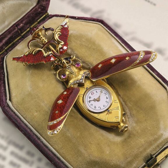 Swiss gold and enamel beetle form brooch watch Circa 1890