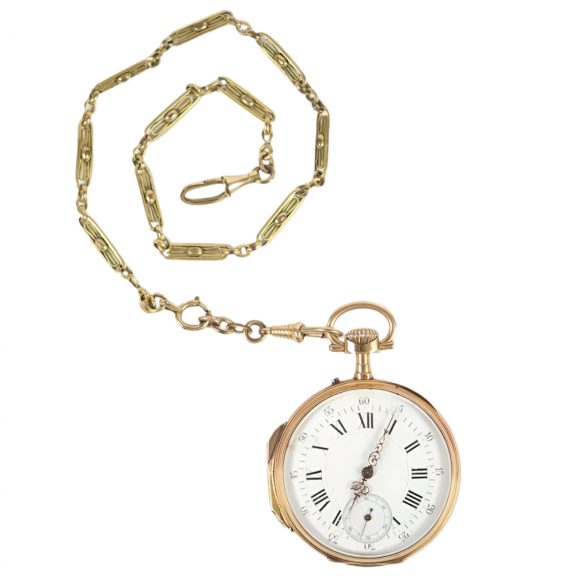 Swiss 18 carat gold lever pendant watch with chain Circa 1900 Swiss 18 carat gold lever pendant watch with chain Circa 1900