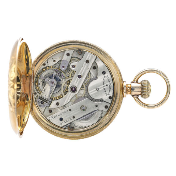Swiss gold watch with engraved case, movement Circa 1886 Swiss gold watch with engraved case, movement Circa 1886