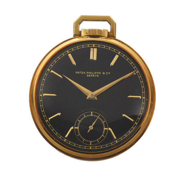 Swiss yellow gold keyless dress watch with black dial Circa 1950
