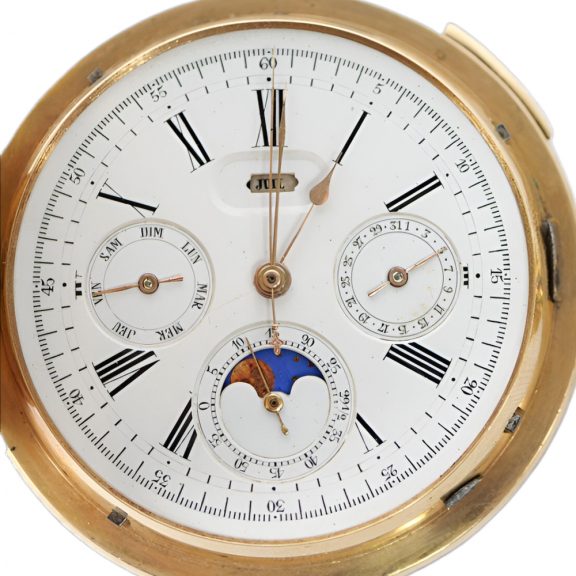 French gold repeating chronograph with full calendar Circa 1890 French gold repeating chronograph with full calendar Circa 1890