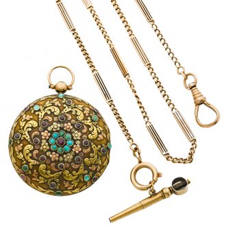 French gold pocket watch with turquoise and red stones Circa 1850