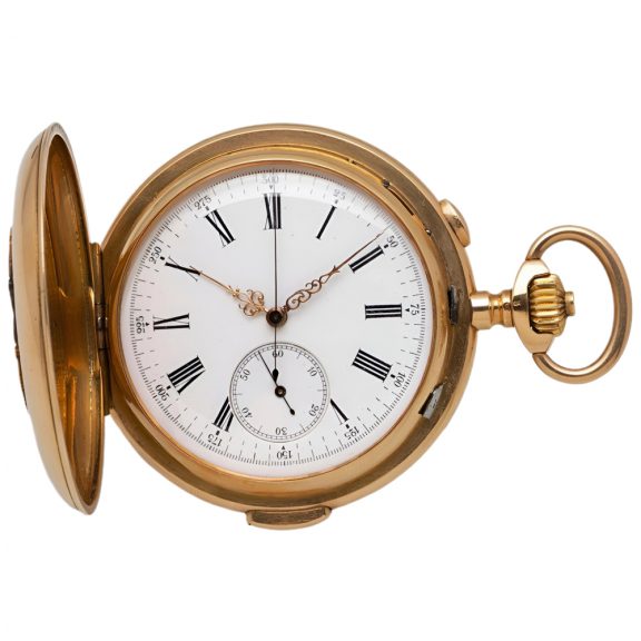 Swiss gold hunting cased repeating chronograph watch Circa1900