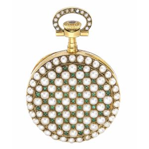 Swiss lady's watch set with pearls and emeralds Circa 1903