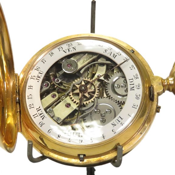 Swiss 18K gold double dial pocket watch with calendar Circa 1910 Swiss 18K gold double dial pocket watch with calendar Circa 1910
