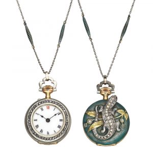 Swiss gold diamond enamel pendant watch with chain Circa 1900