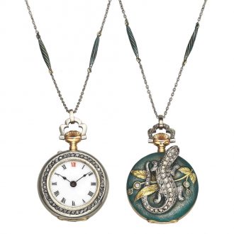 Swiss gold diamond enamel pendant watch with chain Circa 1900
