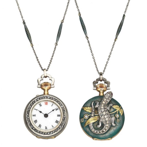 Swiss gold diamond enamel pendant watch with chain Circa 1900