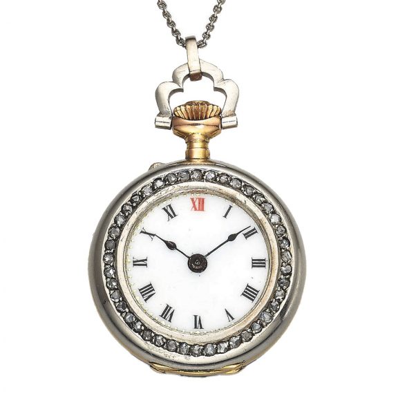 Swiss gold diamond enamel pendant watch with chain Circa 1900 Swiss gold diamond enamel pendant watch with chain Circa 1900