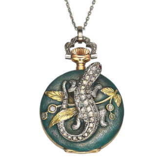 Case back with floral and leaf motif centered by a salamander set with 50 single cut diamonds