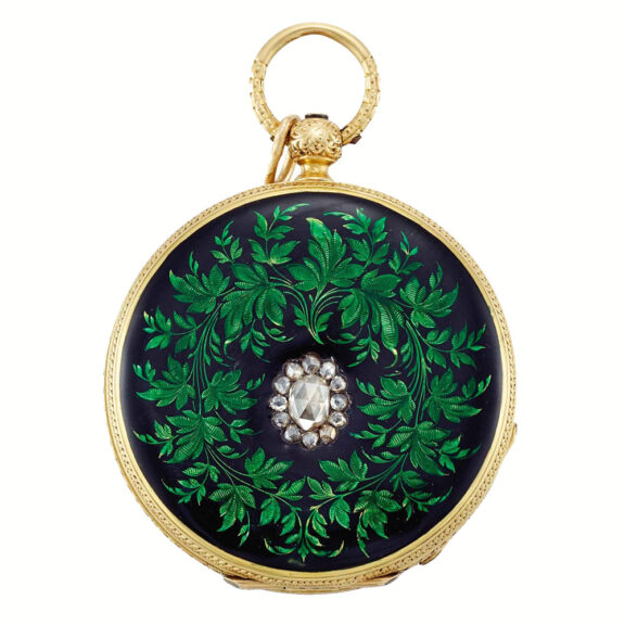 Swiss yellow gold, enamel and diamond set watch Circa 1855