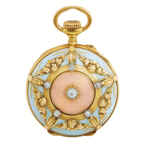 Swiss gold, enamel and diamond set keyless watch Circa 1907
