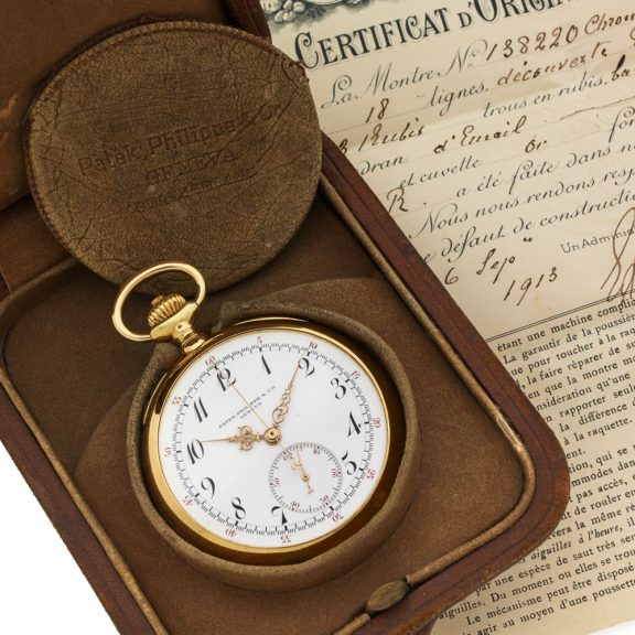 Swiss 18K yellow gold chronograph pocket watch Circa 1913 Swiss 18K yellow gold chronograph pocket watch Circa 1913