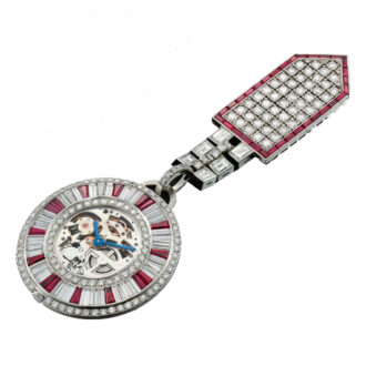 Swiss platinum, diamond and ruby set lapel watch Circa 1972