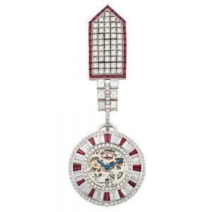 Swiss platinum, diamond and ruby set lapel watch Circa 1972