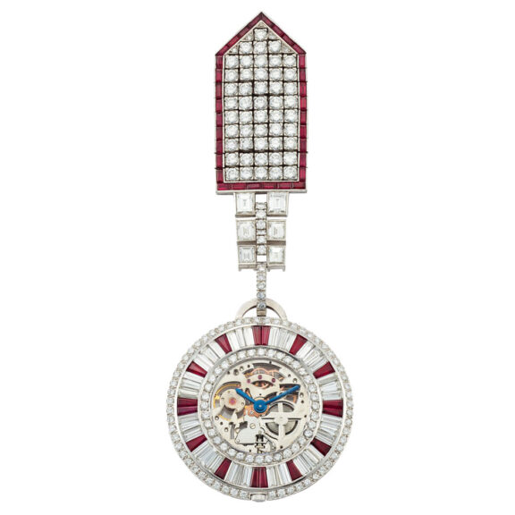 Swiss platinum, diamond and ruby set lapel watch Circa 1972