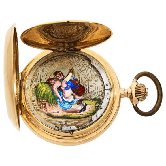 Swiss gold repeating watch with hidden erotic automaton Circa 1905 Swiss gold repeating watch with hidden erotic automaton Circa 1905