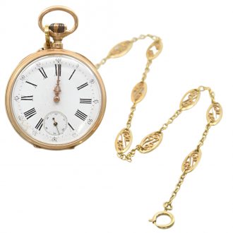 Swiss 18K yellow gold pocket watch with chain Circa 1895