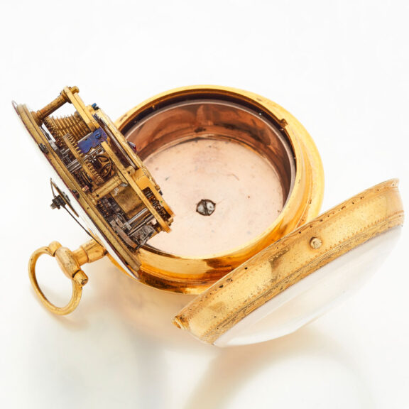 Large English gilt metal verge watch with alarm Circa 1800 Large English gilt metal verge watch with alarm Circa 1800