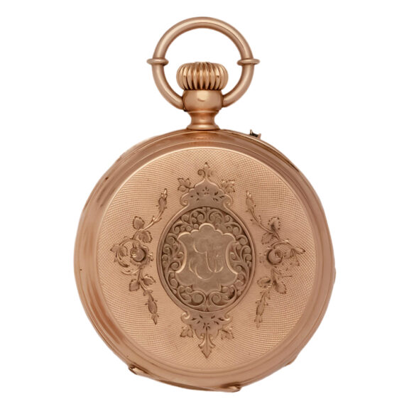 Swiss 18K gold pocket watch with engraved medallion Circa 1900 Swiss 18K gold pocket watch with engraved medallion Circa 1900