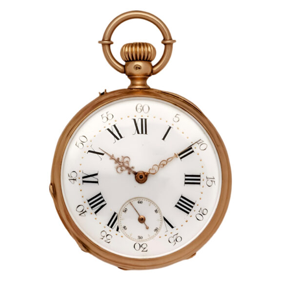 Swiss 18K gold pocket watch with engraved medallion Circa 1900