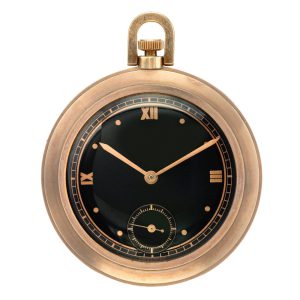 Swiss pink gold open faced watch with black dial Circa 1940