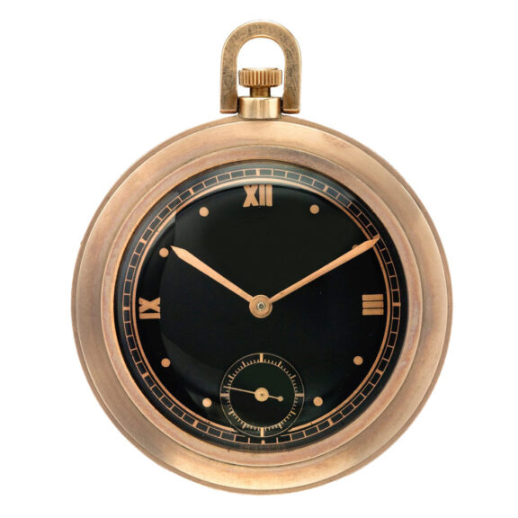 Swiss pink gold open faced watch with black dial Circa 1940