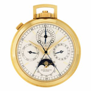 Swiss 18 carat gold open faced complicated watch Circa 1968