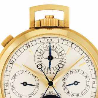 Swiss 18 carat gold open faced complicated watch Circa 1968
