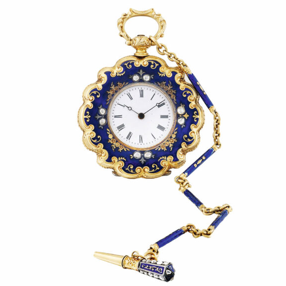 Swiss gold enamel and diamond set cylinder watch Circa 1840 Swiss gold enamel and diamond set cylinder watch Circa 1840