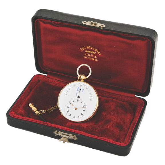 Very fine and very rare, 18 carat gold Swiss pocket watch with retrograde seconds Circa 1840